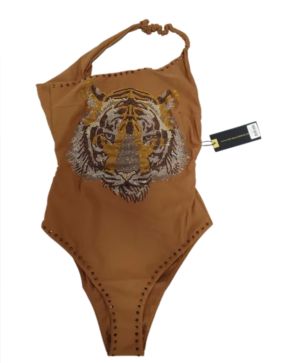 One piece asymmetrical neck strap lion rhinestone swimwear