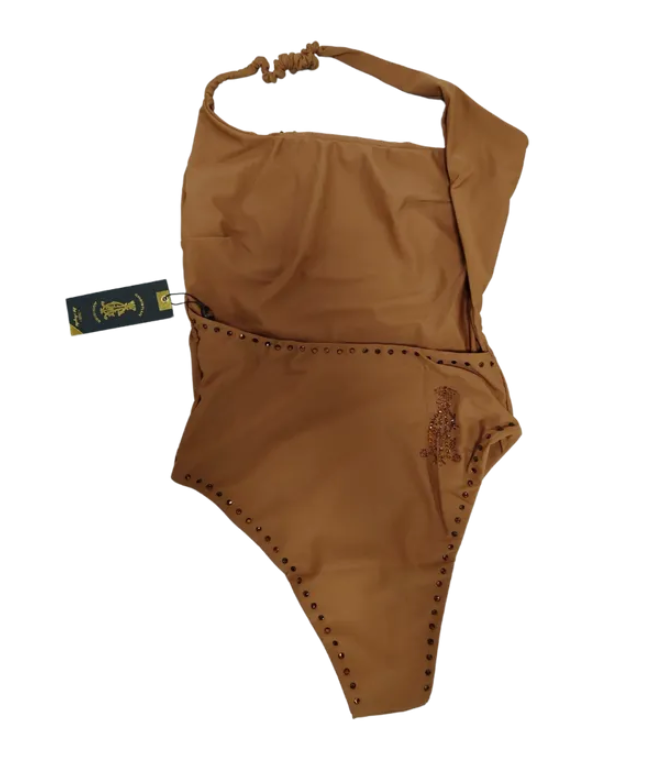 One piece asymmetrical neck strap lion rhinestone swimwear