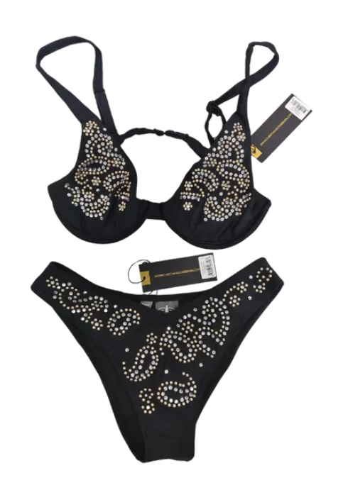 2 piece bra and high contour cut bikini black with rhinestones