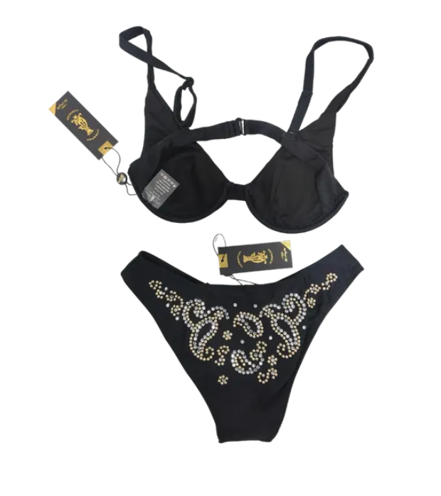 2 piece bra and high contour cut bikini black with rhinestones