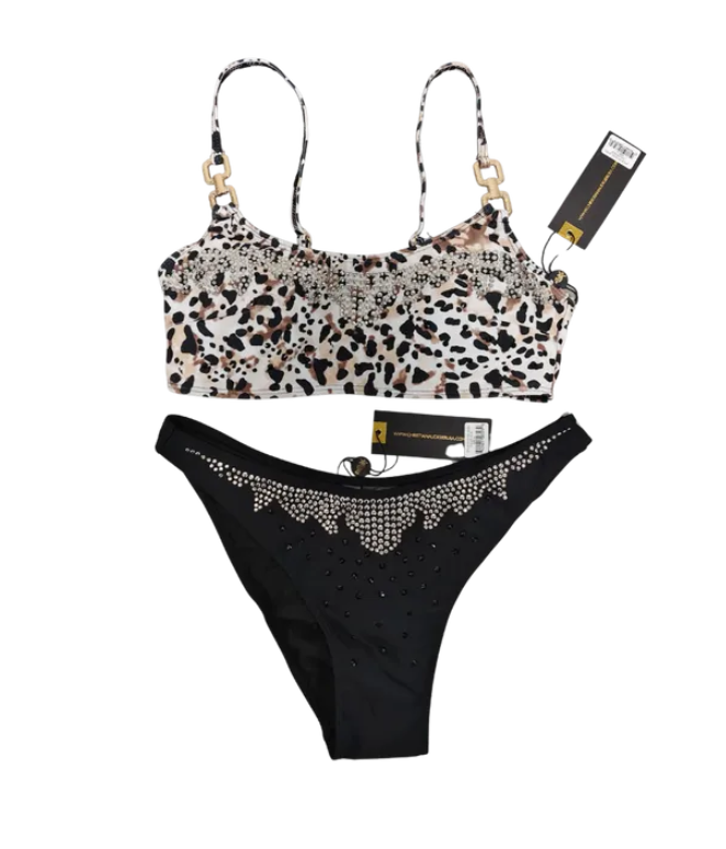 2 piece animal print crop tank style top with high cut black bikini bottoms