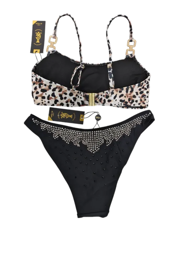 2 piece animal print crop tank style top with high cut black bikini bottoms