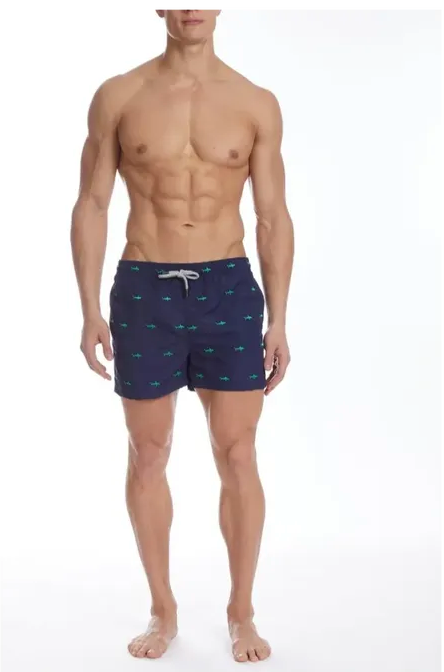 Christian Audigier Sail Blue Shark Print Swim Shorts.