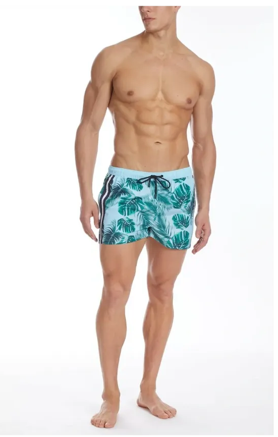 Christian Audigier Low Waist Men's Palm Print Sky Side Stripes Swim Shorts.