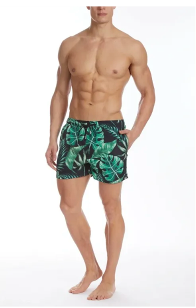 Christian Audigier Low Waist Swim Shorts. Black Print & Green Palm Leaves.