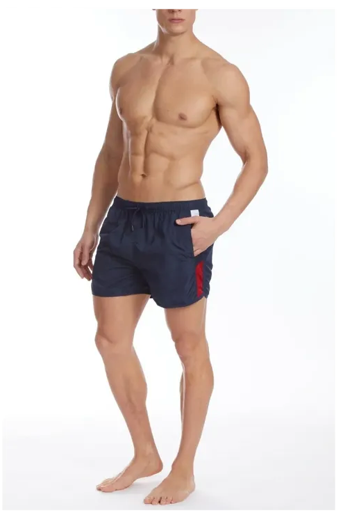 Christian Audigier Deep Solid Blue Low Waist Swim Shorts with Side Stripes.