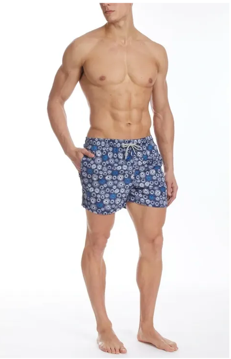Christian Audigier Low Waist Swim Shorts White and Blue Nautical Print, Deep Blue Background.