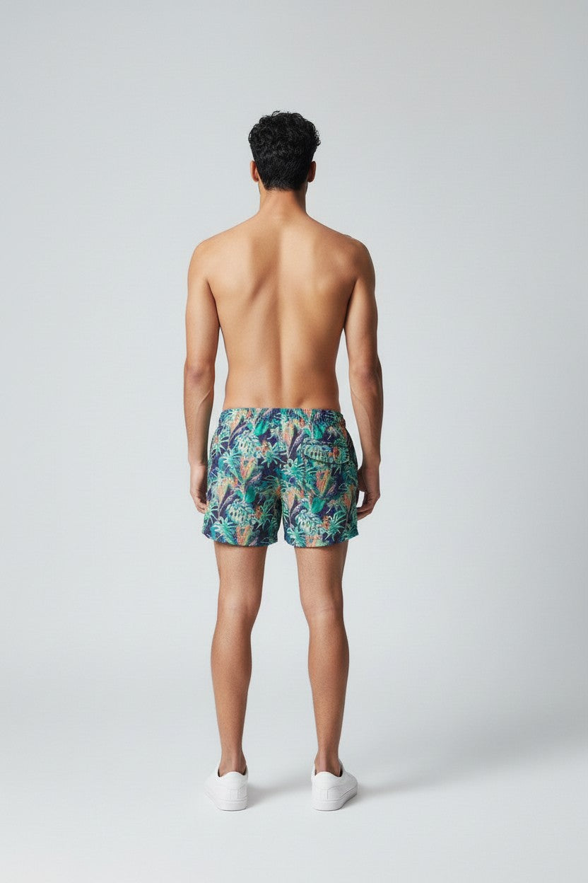 Christian Audigier Low Waist Multi-Leaf hidden Leopard print mens swimwear shorts. BMS619-0016M