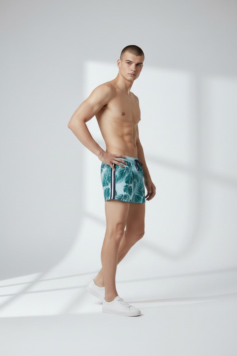 Christian Audigier Low Waist Men's Palm Print Sky Side Stripes Swim Shorts. BMS619-0019M