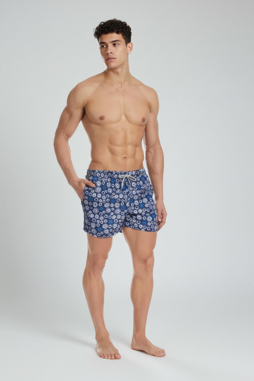 Christian Audigier Low Waist Swim Shorts White and Blue Nautical Print, Deep Blue Background. BMS619004M