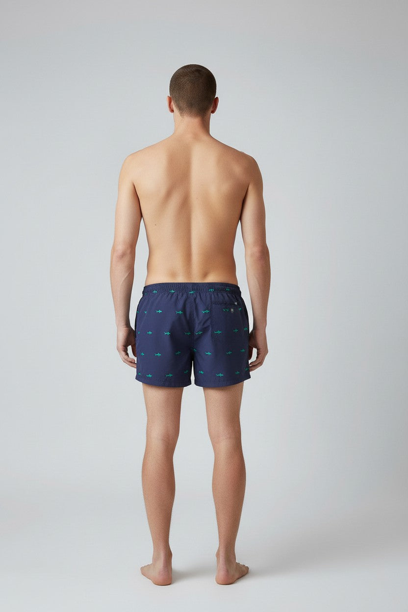 Christian Audigier Sail Blue Shark Print Swim Shorts. BMS619-0006M