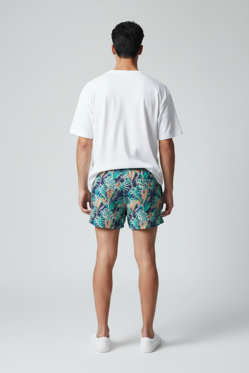 Christian Audigier Low Waist Multi-Leaf hidden Leopard print mens swimwear shorts. BMS619-0016M