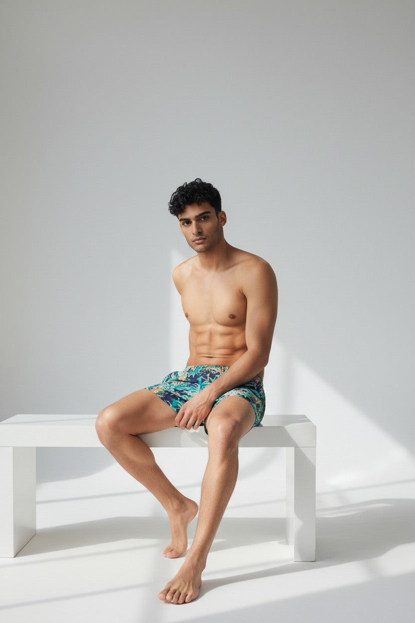 Christian Audigier Low Waist Multi-Leaf hidden Leopard print mens swimwear shorts. BMS619-0016M