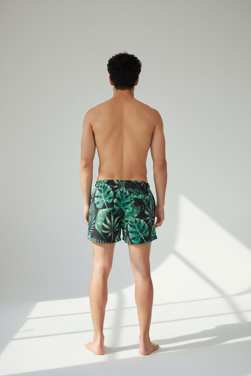 Christian Audigier Low Waist Swim Shorts. Black Print & Green Palm Leaves. BMS6190013M