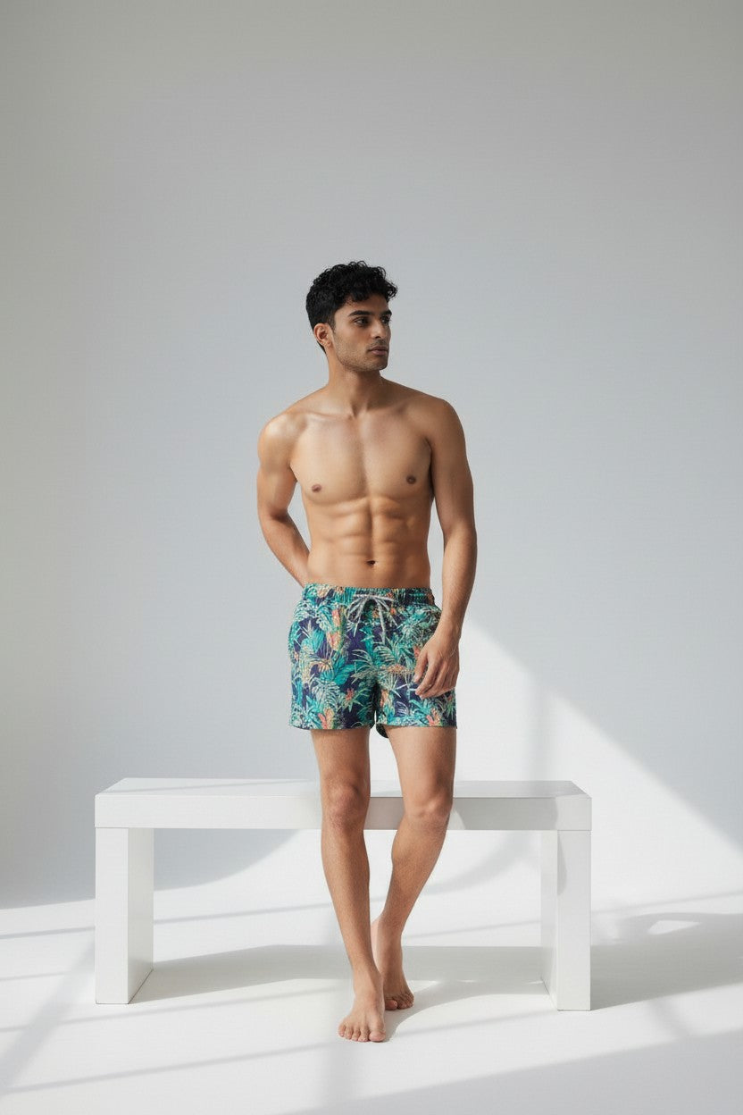 Christian Audigier Low Waist Multi-Leaf hidden Leopard print mens swimwear shorts. BMS619-0016M