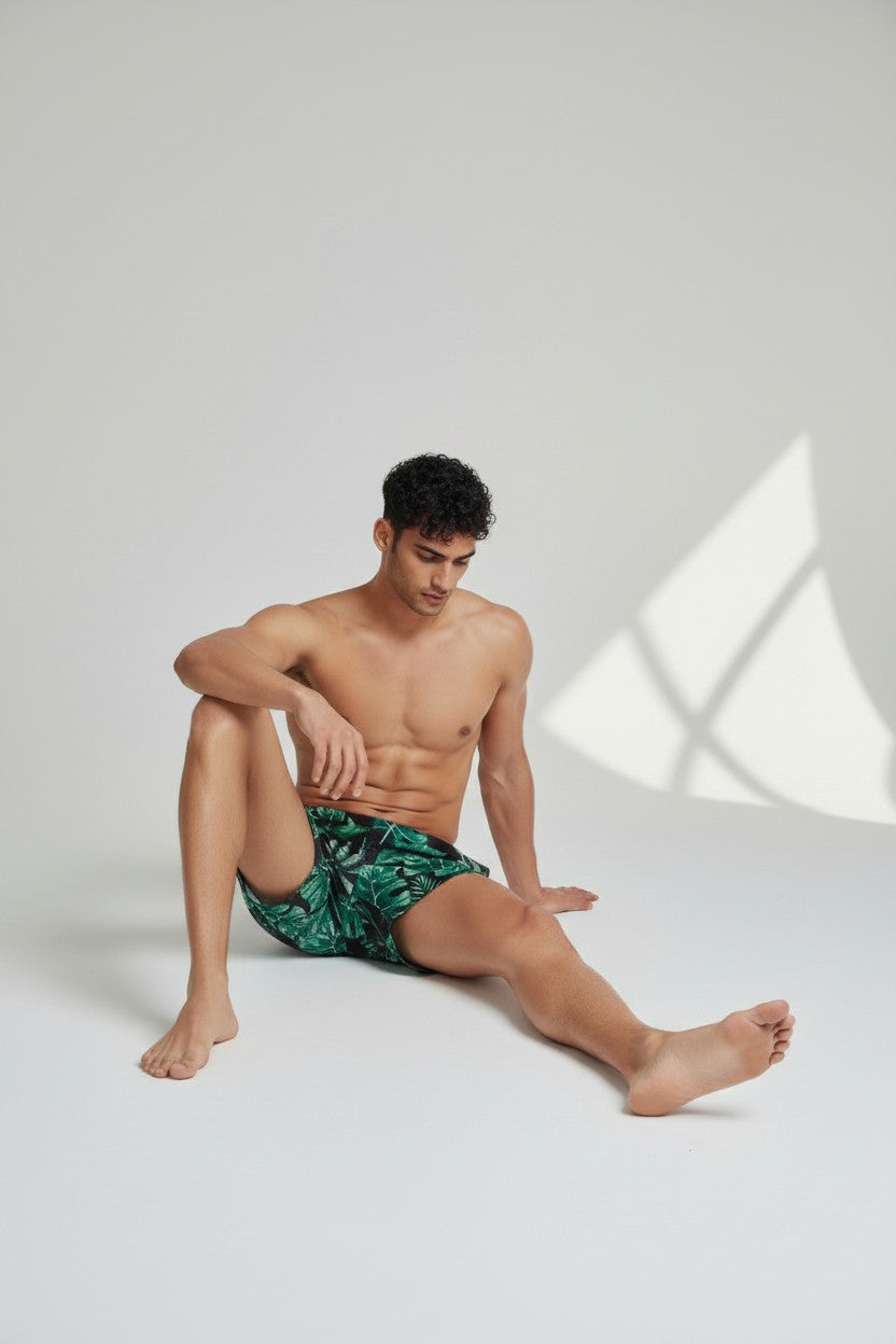 Christian Audigier Low Waist Swim Shorts. Black Print & Green Palm Leaves. BMS6190013M