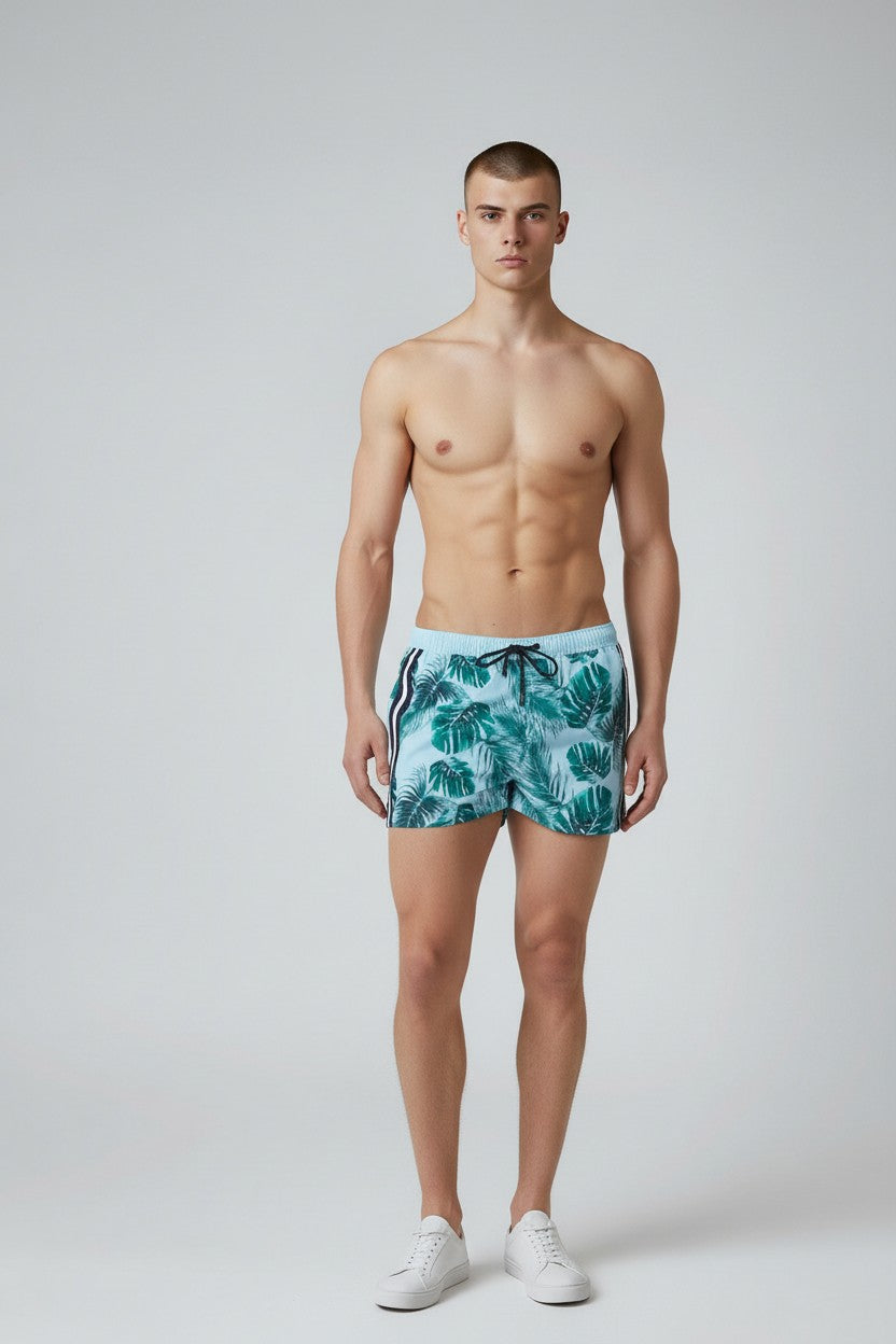 Christian Audigier Low Waist Men's Palm Print Sky Side Stripes Swim Shorts. BMS619-0019M