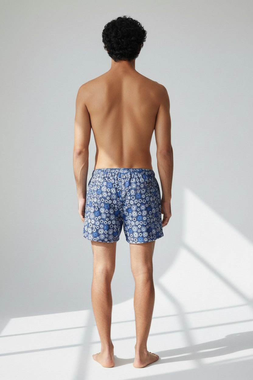 Christian Audigier Low Waist Swim Shorts White and Blue Nautical Print, Deep Blue Background. BMS619004M