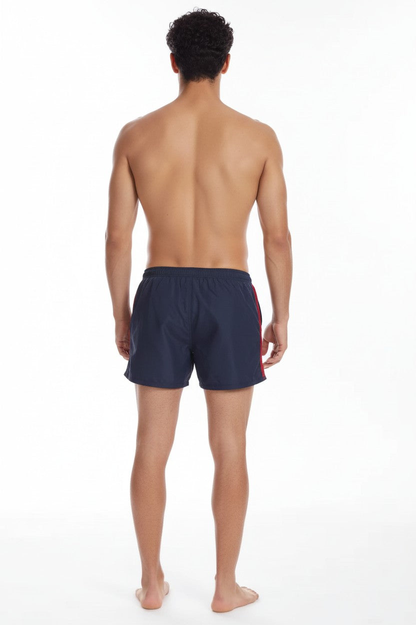 Christian Audigier Deep Solid Blue Low Waist Swim Shorts with Side Stripes. BMS6190007M
