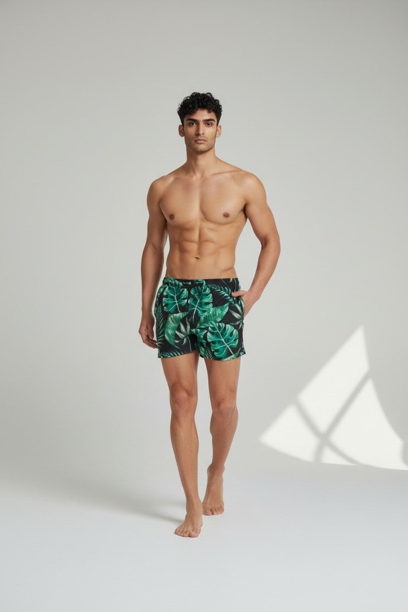Christian Audigier Low Waist Swim Shorts. Black Print & Green Palm Leaves. BMS6190013M