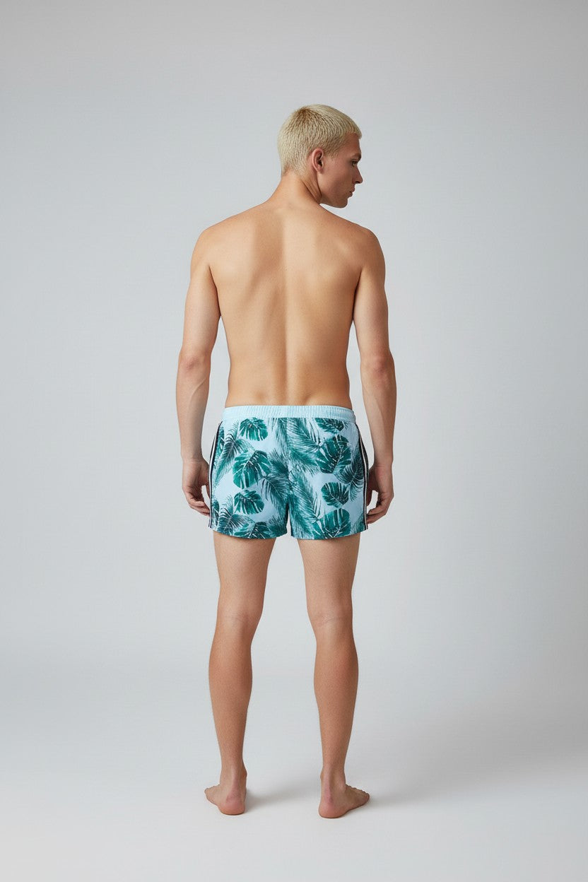Christian Audigier Low Waist Men's Palm Print Sky Side Stripes Swim Shorts. BMS619-0019M