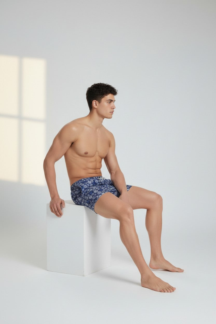 Christian Audigier Low Waist Swim Shorts White and Blue Nautical Print, Deep Blue Background. BMS619004M